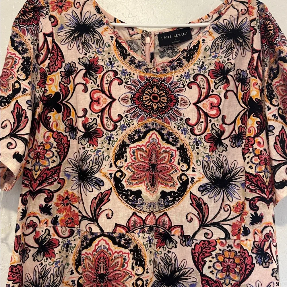 Lane Bryant Multicolor Floral Midi Dress Scallop-Hem‎ linen viscose short sleeve